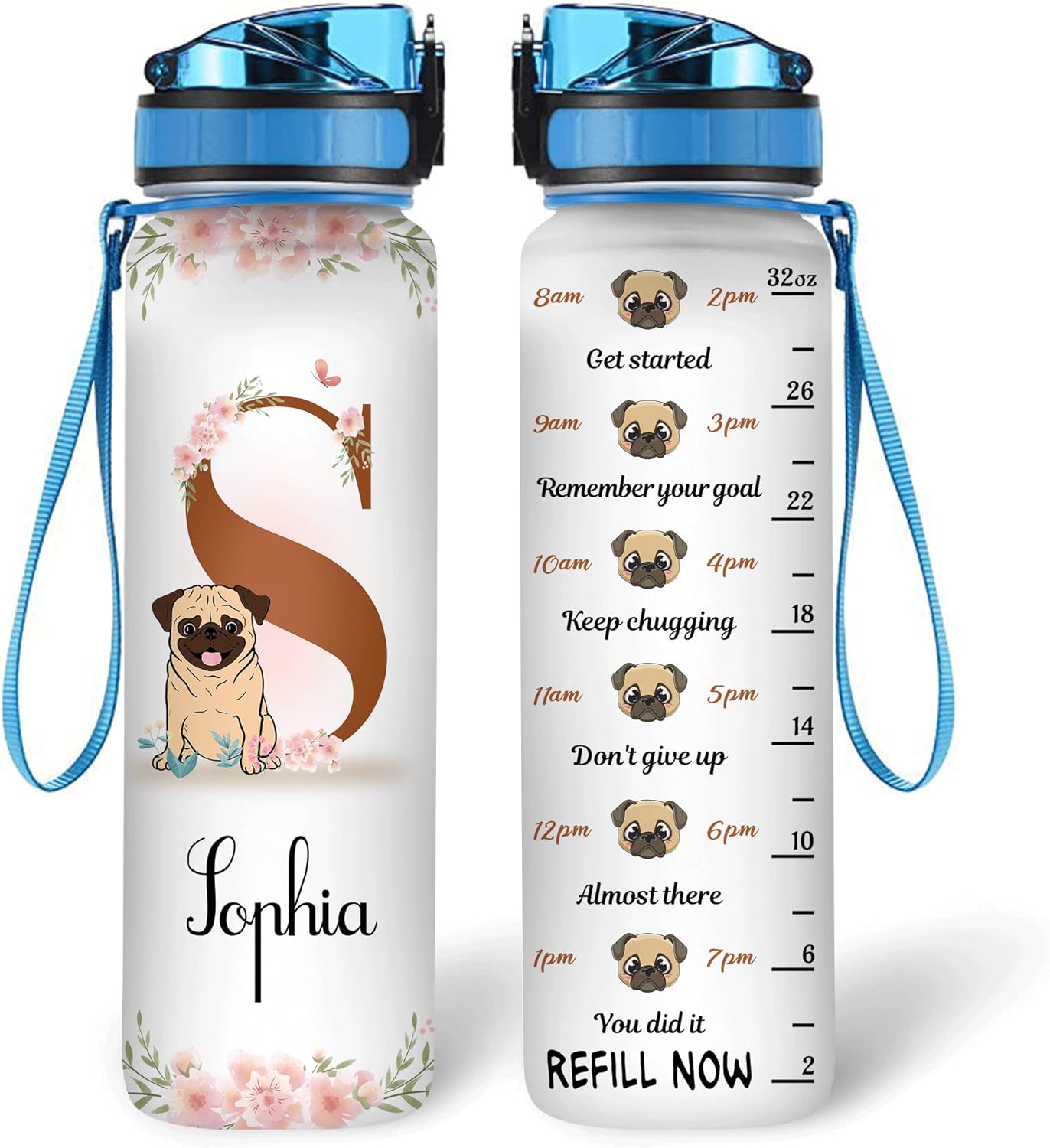 Cute Pug Lovers Water Bottle Tracker 32oz – Personalized Motivational Bottle with Time Marker – Fun Gift for Dog Owners