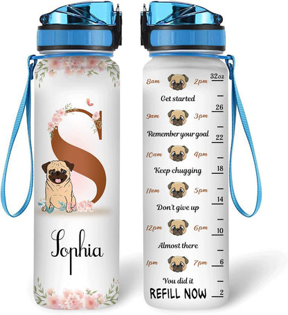 Cute Pug Lovers Water Bottle Tracker 32oz – Personalized Motivational Bottle with Time Marker – Fun Gift for Dog Owners