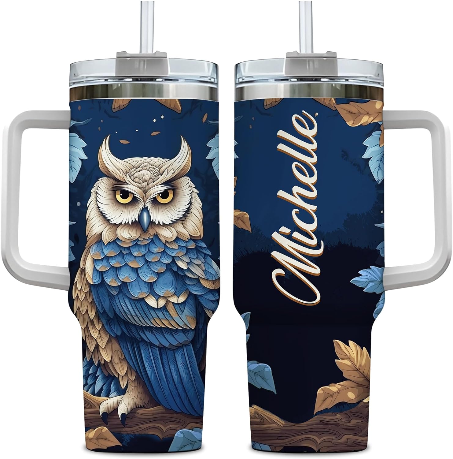 Elegant Owl Tumbler 40oz with Handle & Straw – Personalized Stainless Steel Insulated Travel Cup with Lid – Stylish Gift for Owl Lovers