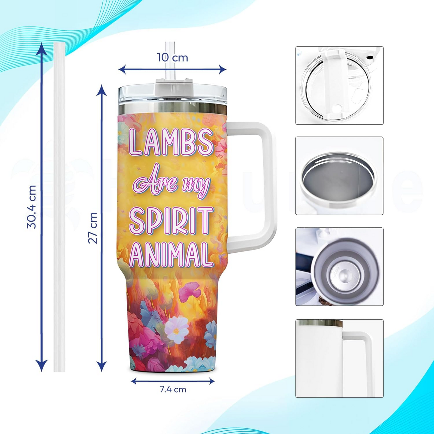 Cute Lamb Spirit Animal Tumbler 40oz – Personalized Stainless Steel Insulated Cup with Handle & Straw – Unique Gift for Sheep Lovers