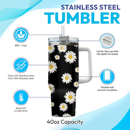 Daisy Flower Tumbler 40oz with Handle & Straw – Personalized Stainless Steel Insulated Travel Cup with Lid – Stylish Floral Gift for Women & Mom