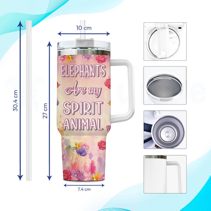 Elephant Lover Tumbler 40oz with Handle & Straw – Personalized Stainless Steel Insulated Cup with Lid – Unique Birthday Gift for Women & Girls