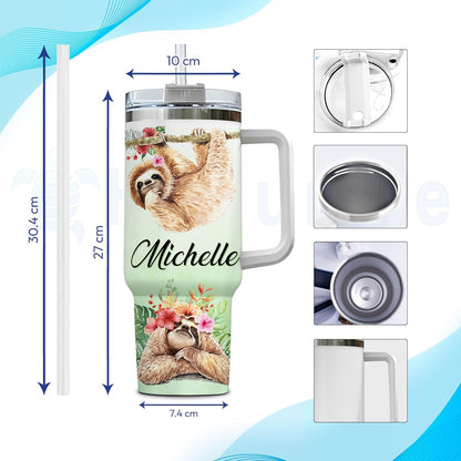 Tropical Sloth Tumbler 40oz with Handle & Straw – Personalized Stainless Steel Insulated Travel Cup with Lid – Cute Gift for Sloth Lovers