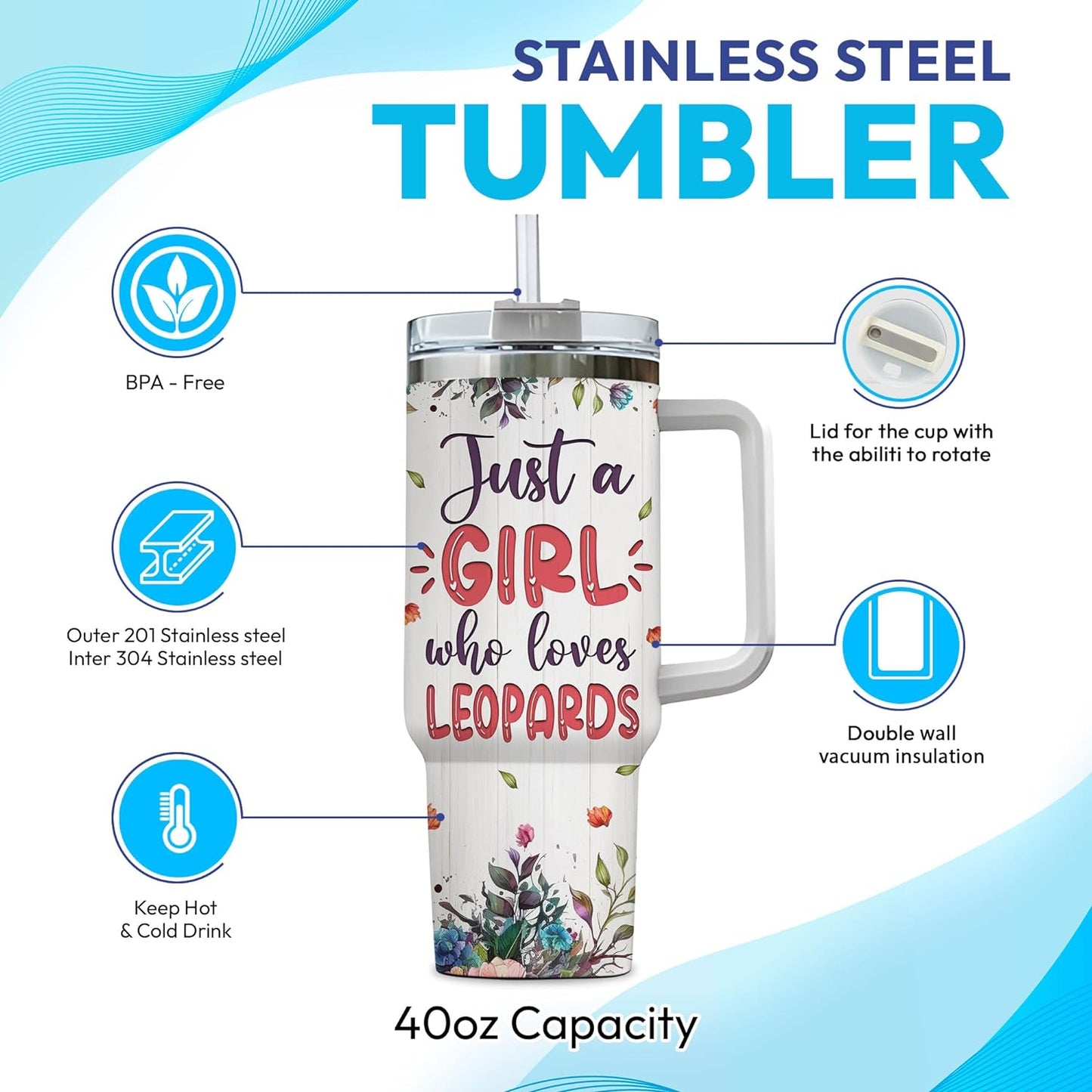 Leopard Watercolor Tumbler 40oz – Personalized Stainless Steel Insulated Cup with Handle & Straw – Stylish Gift for Leopard Lovers