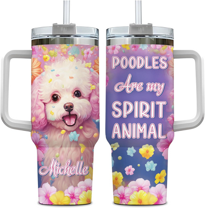 Poodle Spirit Animal Tumbler 40oz – Personalized Stainless Steel Travel Cup with Handle & Straw – Cute Gift for Dog Moms & Pet Lovers