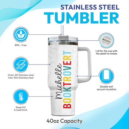Booktrovert Tumbler 40oz with Handle & Straw – Personalized Stainless Steel Insulated Travel Cup with Lid – Fun Gift for Book Lovers