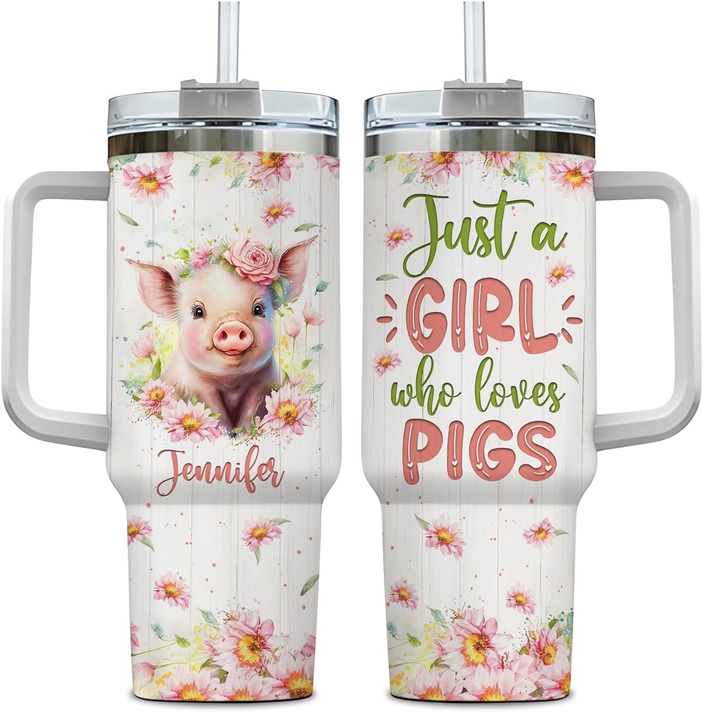 Pig Lover Tumbler 40oz – Personalized Stainless Steel Travel Cup with Handle & Straw, Insulated Coffee Mug – Cute Gift for Animal Lovers