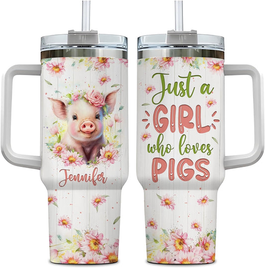 Pig Lover Tumbler 40oz – Personalized Stainless Steel Travel Cup with Handle & Straw, Insulated Coffee Mug – Cute Gift for Animal Lovers