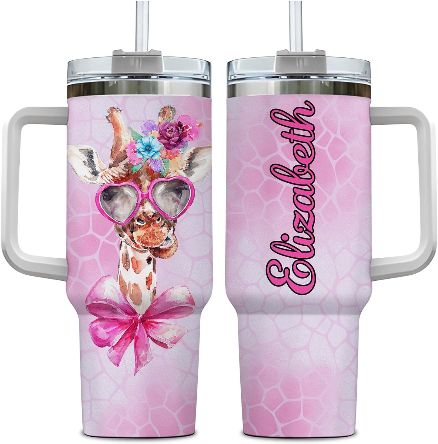 Cute Giraffe Tumbler 40oz – Personalized Stainless Steel Insulated Travel Cup with Handle & Straw – Stylish Gift for Giraffe Lovers