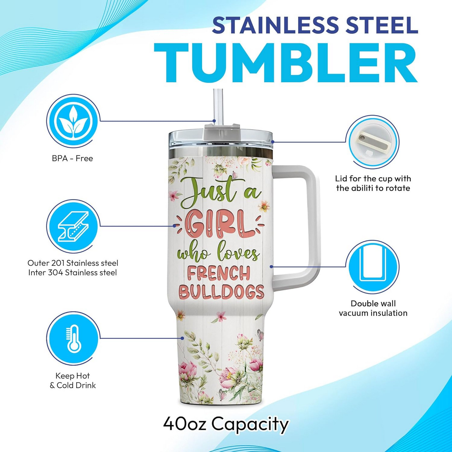 French Bulldog Lover Tumbler 40oz – Personalized Stainless Steel Insulated Cup with Handle & Straw, Pastel Floral Dog Design – Creative Gift for Women & Girls
