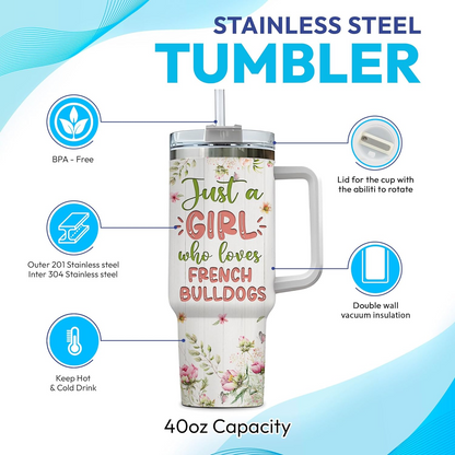 French Bulldog Lover Tumbler 40oz – Personalized Stainless Steel Insulated Cup with Handle & Straw, Pastel Floral Dog Design – Creative Gift for Women & Girls