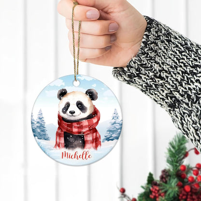 Panda Winter Scarf Ceramic Circle Ornament – Personalized Christmas Gift for Panda Lover, Cute Animal Tree Decor Keepsake for Her