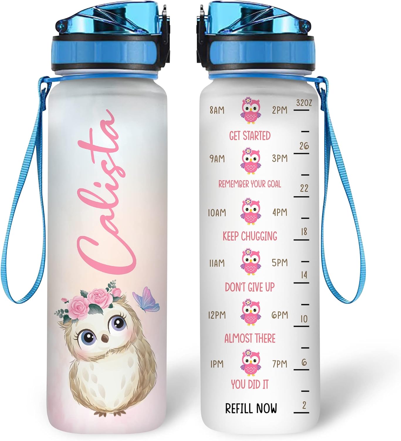 Owl Floral Theme - Personalized Water Tracker Bottle 32oz