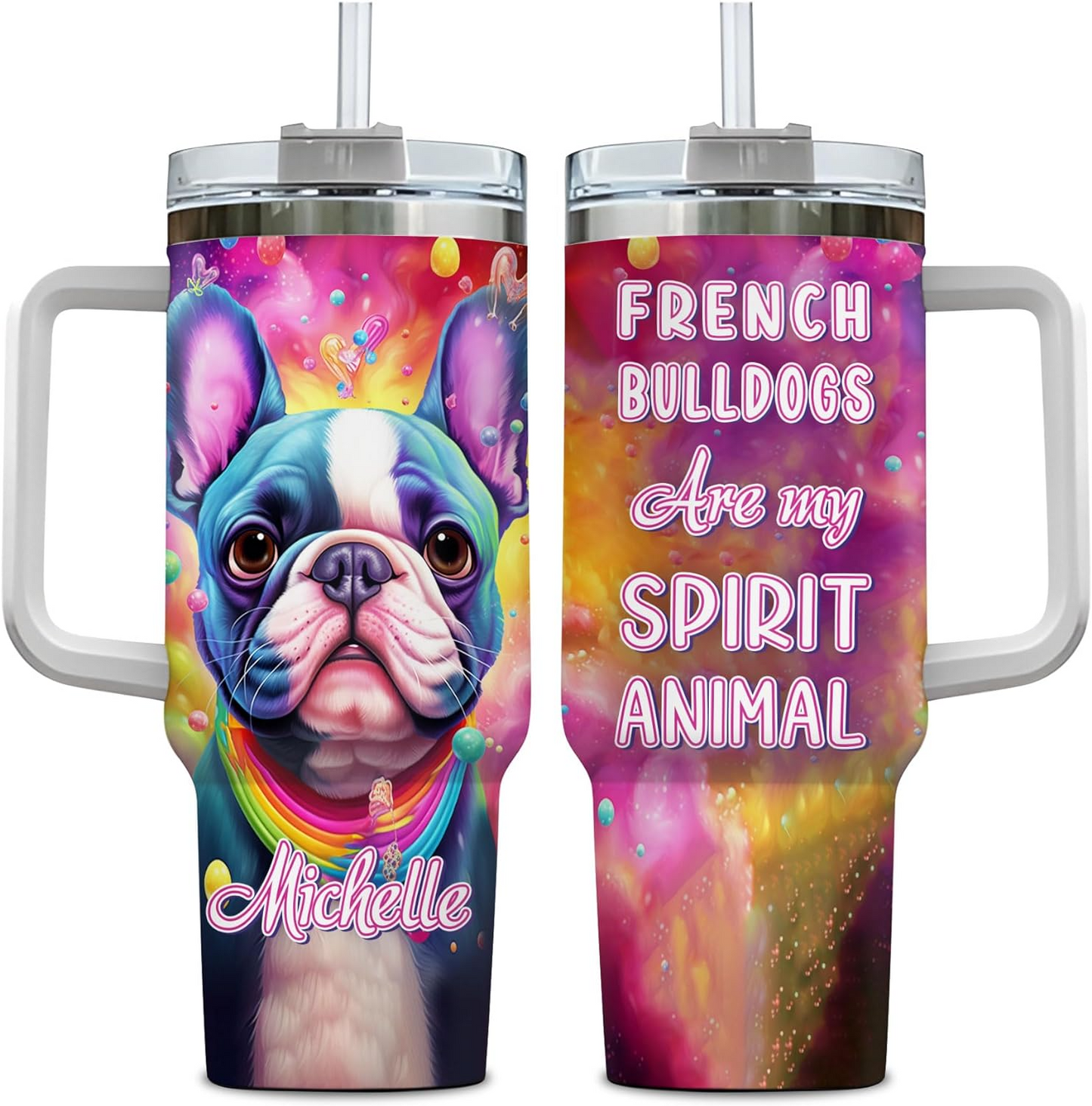 French Bulldog Lover Tumbler 40oz with Handle & Straw – Personalized Stainless Steel Travel Cup with Lid – Fun Gift for Dog Lovers