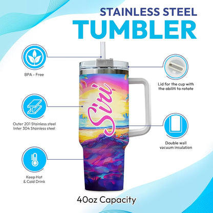 Colorful Sunset Owl Tumbler 40oz with Handle & Straw – Personalized Stainless Steel Insulated Cup with Lid – Unique Gift for Owl Lovers