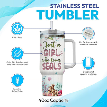 Seal Ocean Lover Tumbler 40oz – Personalized Stainless Steel Insulated Cup with Handle & Straw, Watercolor Marine Animal Design – Heartfelt Gift for Women & Girls