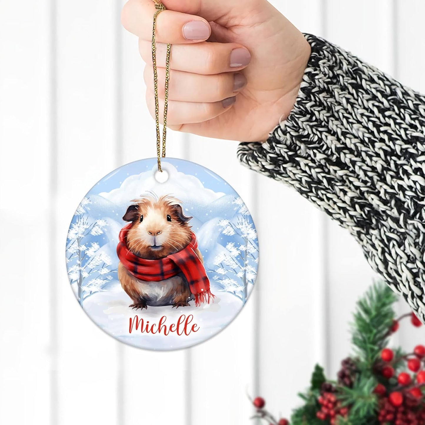 Guinea Pig Winter Scarf Ceramic Ornament – Personalized Name, Custom Christmas or Birthday Gift for Guinea Pig Lover and Pet Parent