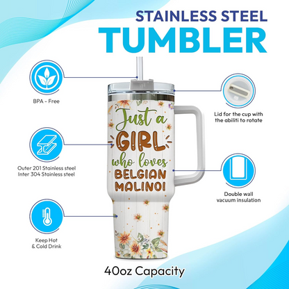 Belgian Malinois Lover Tumbler 40oz with Handle & Straw – Personalized Stainless Steel Insulated Cup with Lid – Gift for Dog Lovers
