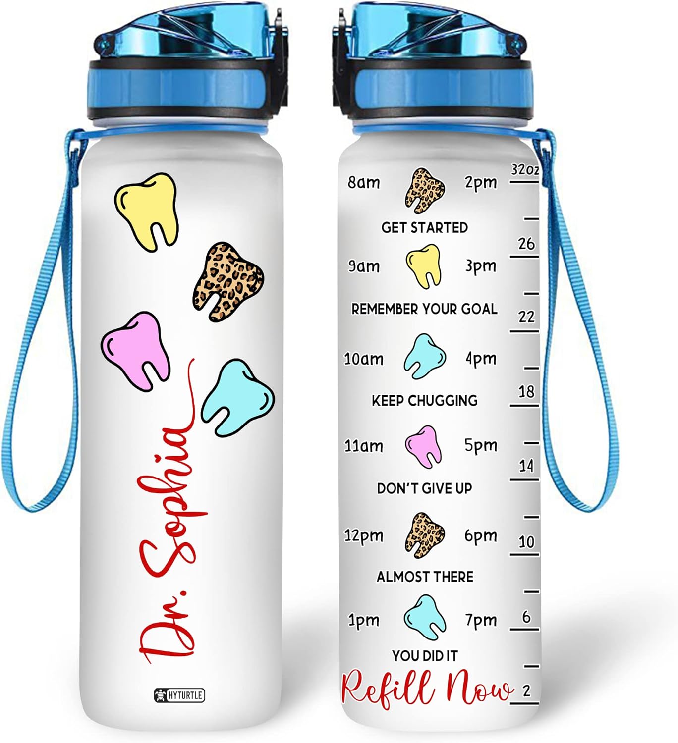 Tooth Dental Theme Water Bottle Tracker 32oz – Personalized Hydration Bottle with Time Marker – Cute Gift for Dental Lovers