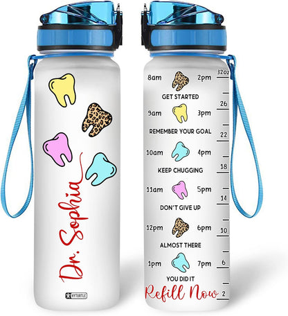 Tooth Dental Theme Water Bottle Tracker 32oz – Personalized Hydration Bottle with Time Marker – Cute Gift for Dental Lovers