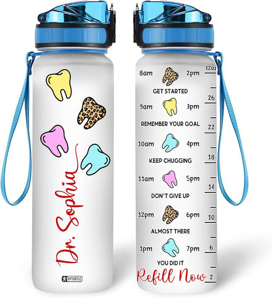 Tooth Dental Theme Water Bottle Tracker 32oz – Personalized Hydration Bottle with Time Marker – Cute Gift for Dental Lovers