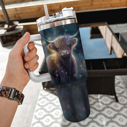 Highland Cow Night Glow Tumbler 40oz with Handle & Straw – Personalized Stainless Steel Insulated Cup with Lid – Creative Gift for Animal Lovers