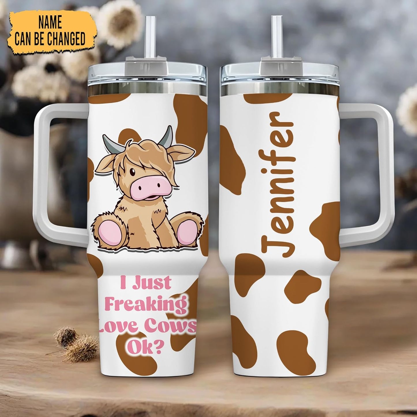 Cute Highland Cow Cartoon Tumbler 40oz with Handle & Straw – Personalized Stainless Steel Travel Cup with Lid – Unique Gift for Cow Lovers