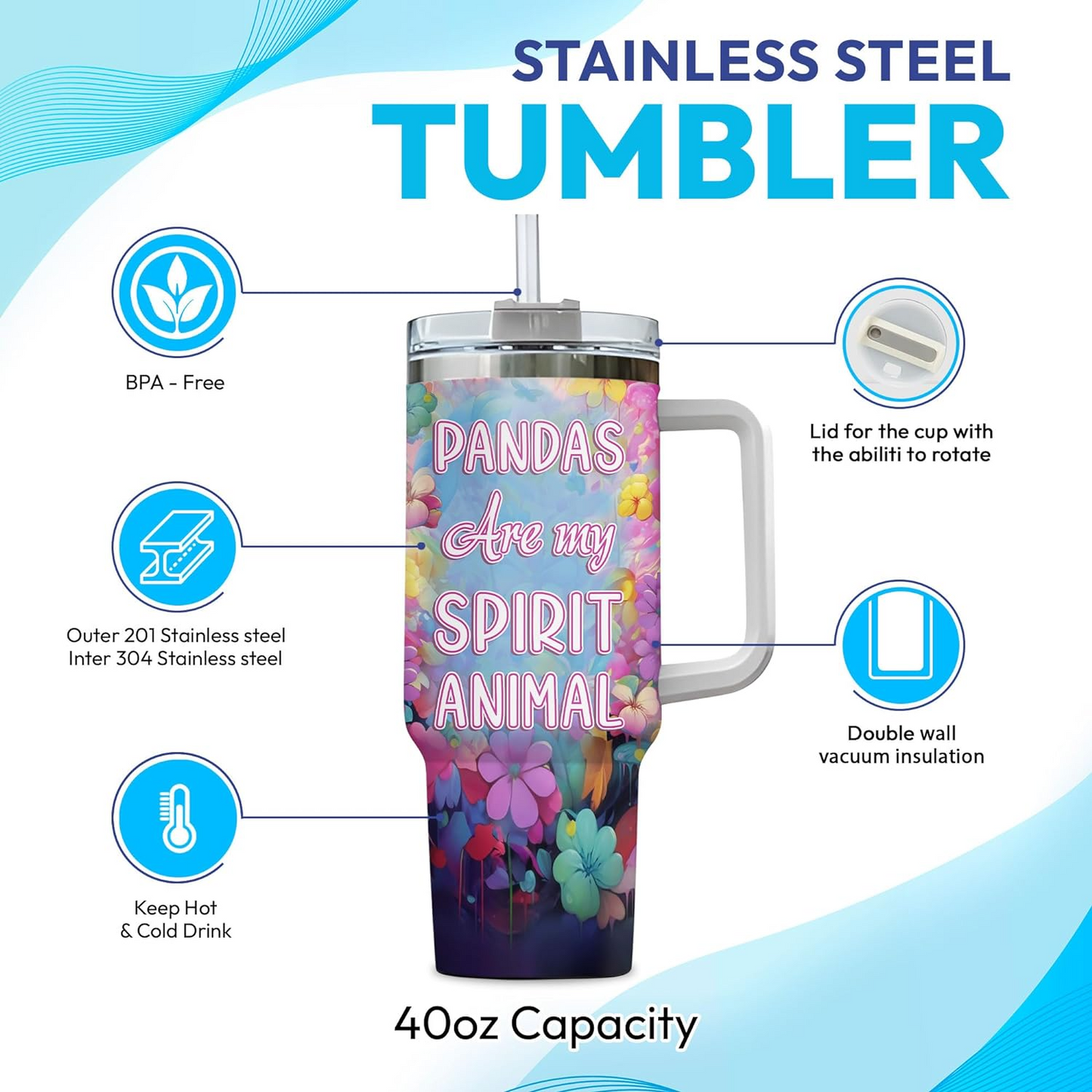 Panda Lover Tumbler 40oz with Handle & Straw – Personalized Stainless Steel Insulated Cup with Lid – Cute Birthday & Christmas Gift for Women & Girls