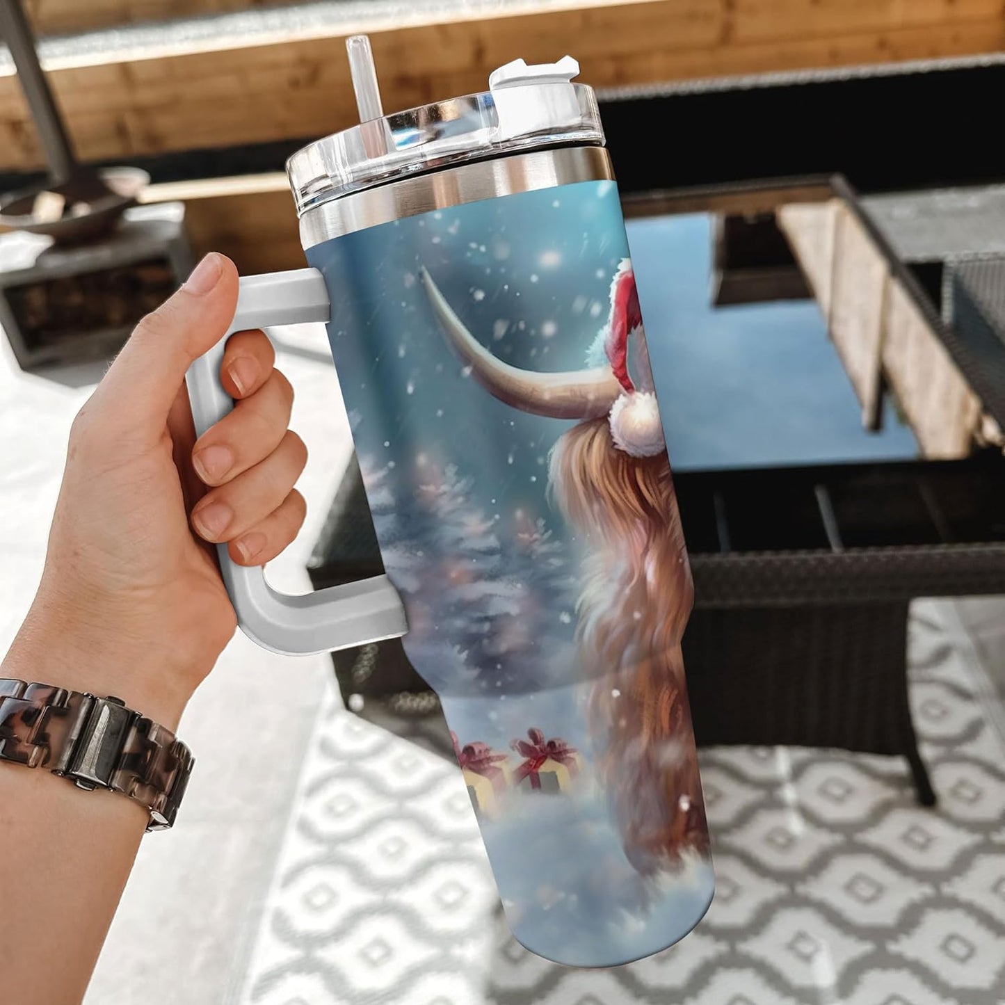 Christmas Highland Cow Tumbler 40oz with Handle & Straw – Personalized Stainless Steel Insulated Cup with Lid – Festive Gift for Cow Lovers