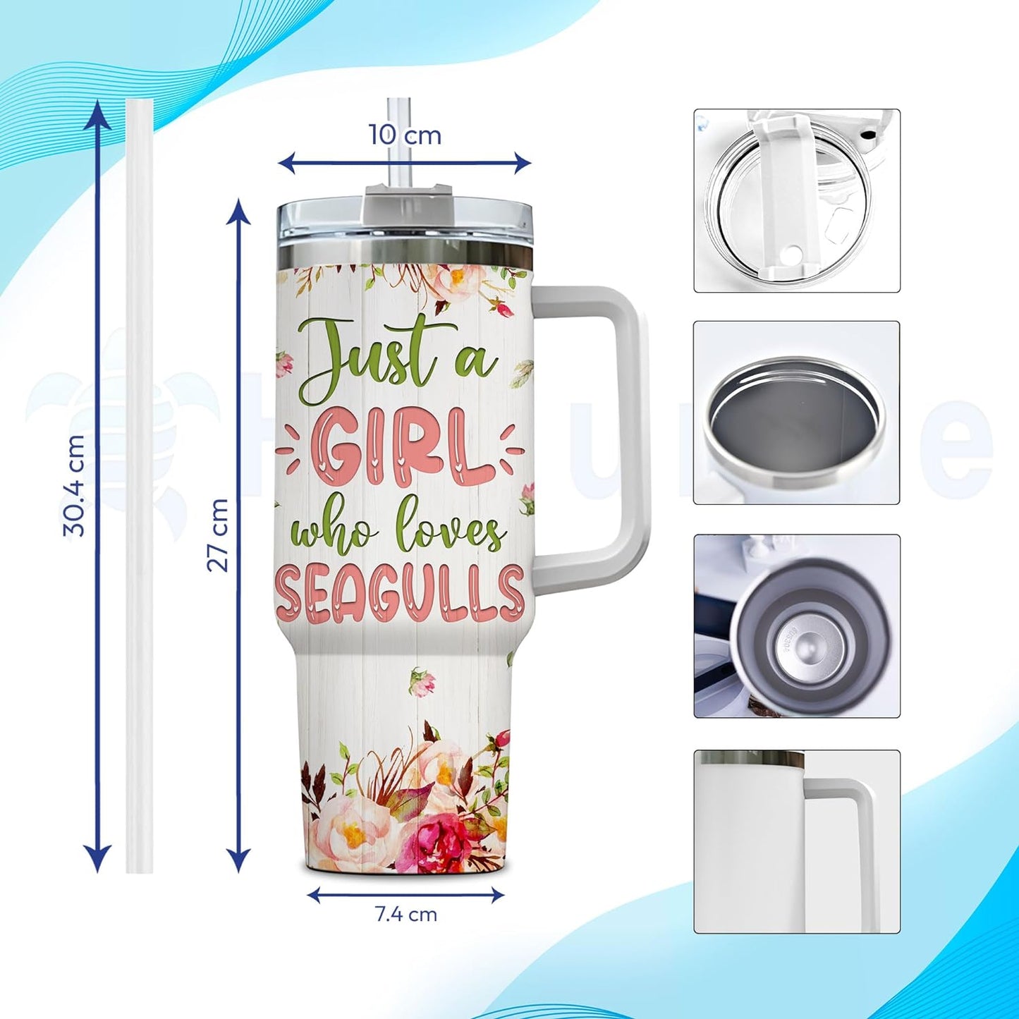 Seagull Lover Tumbler 40oz with Handle & Straw – Personalized Stainless Steel Travel Cup with Lid – Unique Gift for Bird Lovers