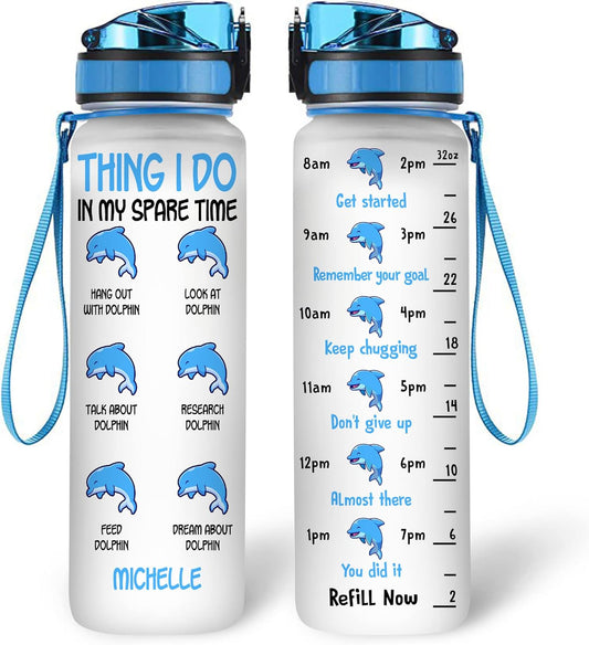 Dolphin Lovers Water Bottle Tracker 32oz – Personalized Hydration Bottle with Time Marker – Fun Gift for Ocean Lovers