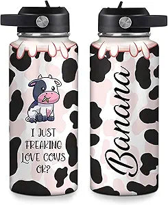Cute Cow Print Travel Insulated Stainless Steel Bottle with Leak-Proof Lid 32oz - Funny Cow Lover Gift Personalized Name