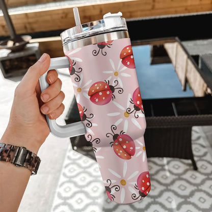 Ladybug Pattern Tumbler 40oz with Handle & Straw – Personalized Stainless Steel Insulated Cup with Lid – Cute Gift for Bug Lovers