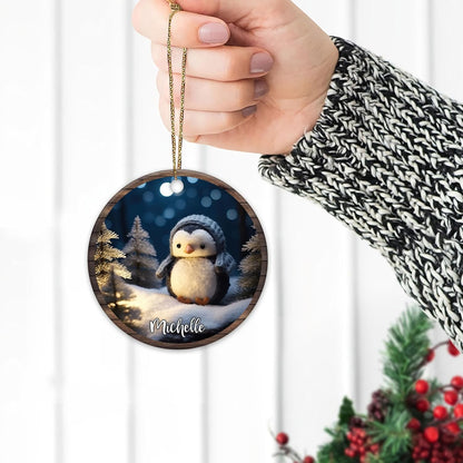 Cozy Penguin in Snow Ceramic Circle Ornament – Personalized Christmas Gift for Penguin Lover, Kids or Winter-Animal Fans