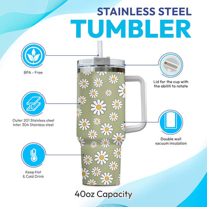 Daisy Flower Pattern Tumbler 40oz with Handle & Straw – Personalized Stainless Steel Insulated Cup with Lid – Stylish Gift for Floral Lovers