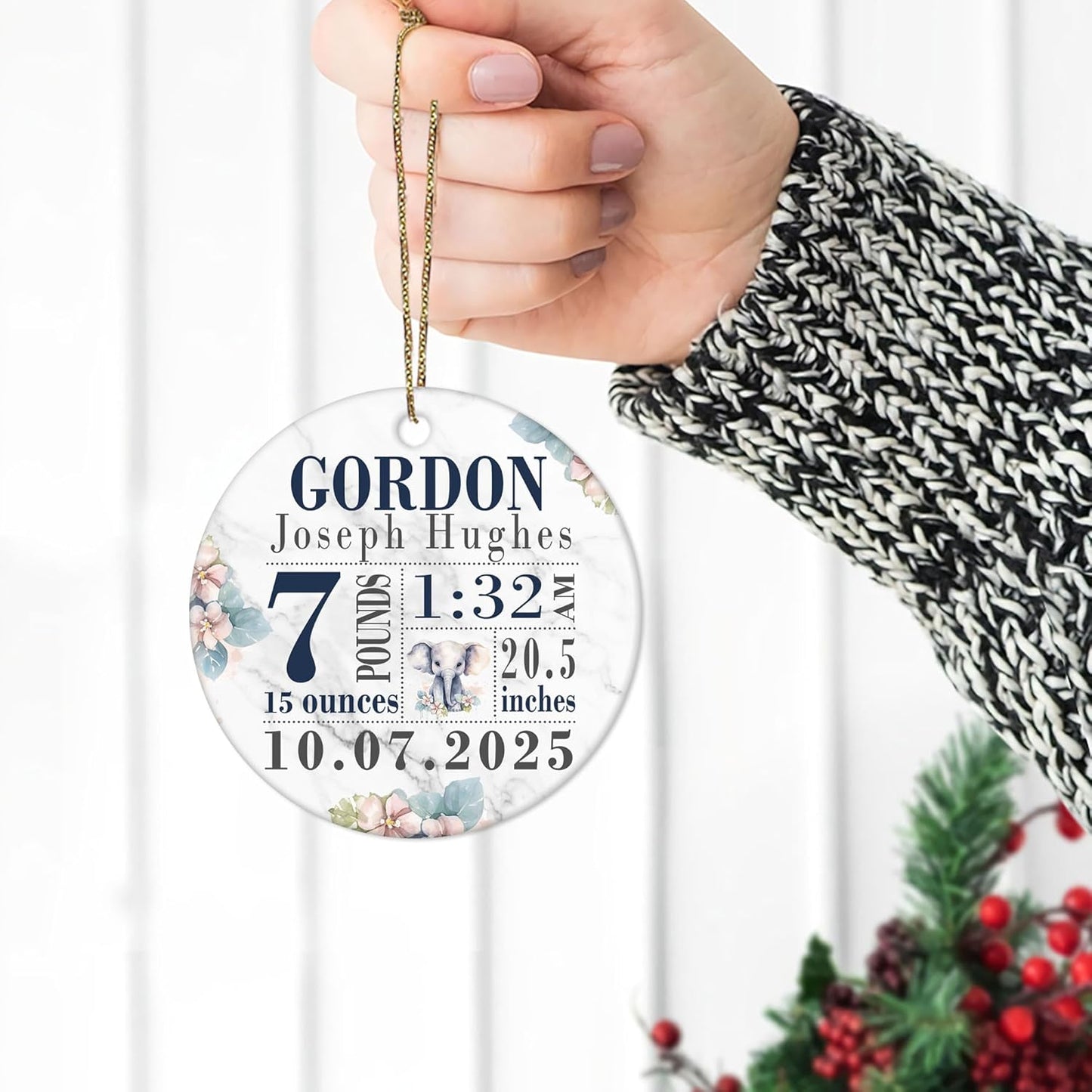 Baby Boy Birth Stats Ceramic Ornament – Personalized Elephant Design Christmas Keepsake for New Parents, Family and Godparents