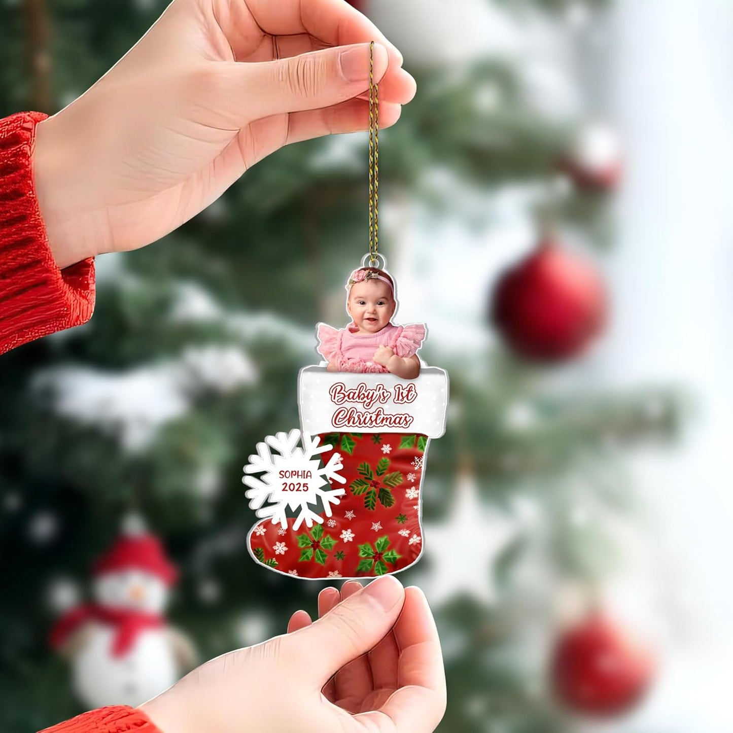 Baby’s First Christmas Stocking Cut Acrylic Ornament – Personalized Photo Keepsake Gift for New Parents, Girl or Boy, Nursery and Tree Decor