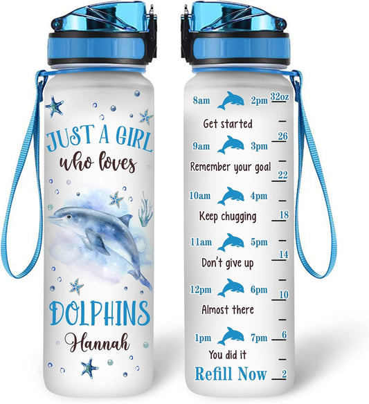 Dolphin Water Bottle Tracker 32oz Personalized – Ocean-Themed Hydration Bottle with Time Marker – Inspiring Gift for Dolphin Lovers