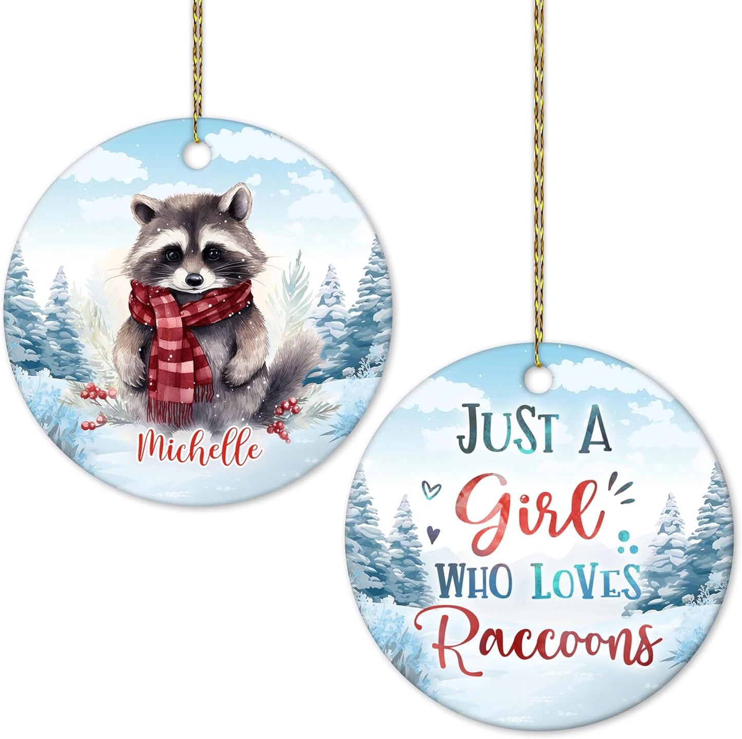 Winter Raccoon Scarf Ceramic Ornament – Personalized Name, Custom Christmas Gift for Women, Animal Lover or Woodland Cabin Decor