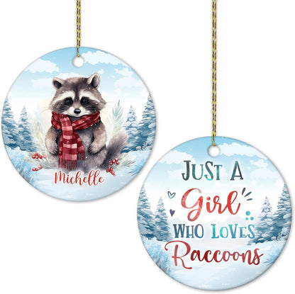 Winter Raccoon Scarf Ceramic Ornament – Personalized Name, Custom Christmas Gift for Women, Animal Lover or Woodland Cabin Decor