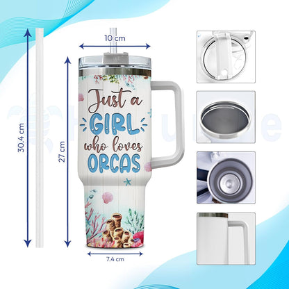 Orca Lover Tumbler 40oz – Personalized Stainless Steel Travel Cup with Handle & Straw, Marine Watercolor Design – Creative Gift for Women & Girls