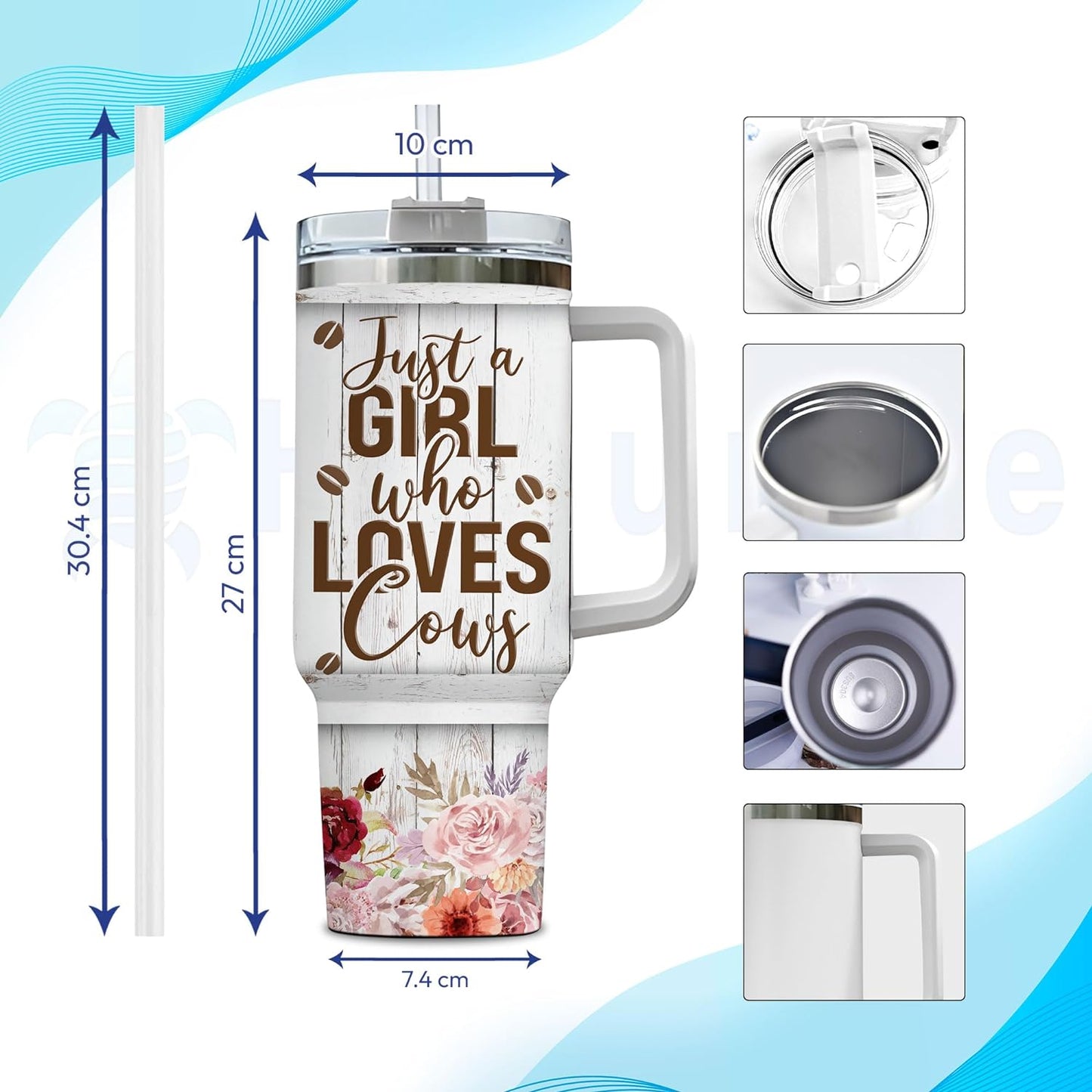 Floral Highland Cow Tumbler 40oz with Handle & Straw – Personalized Stainless Steel Travel Cup with Lid – Unique Gift for Farm Animal Lovers