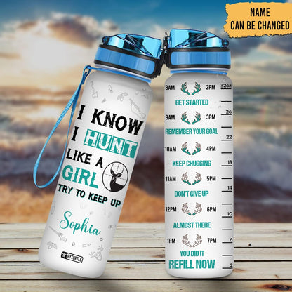 Hunting Deer Theme Water Bottle Tracker 32oz – Personalized Hydration Bottle with Time Marker – Gift for Hunt Lovers