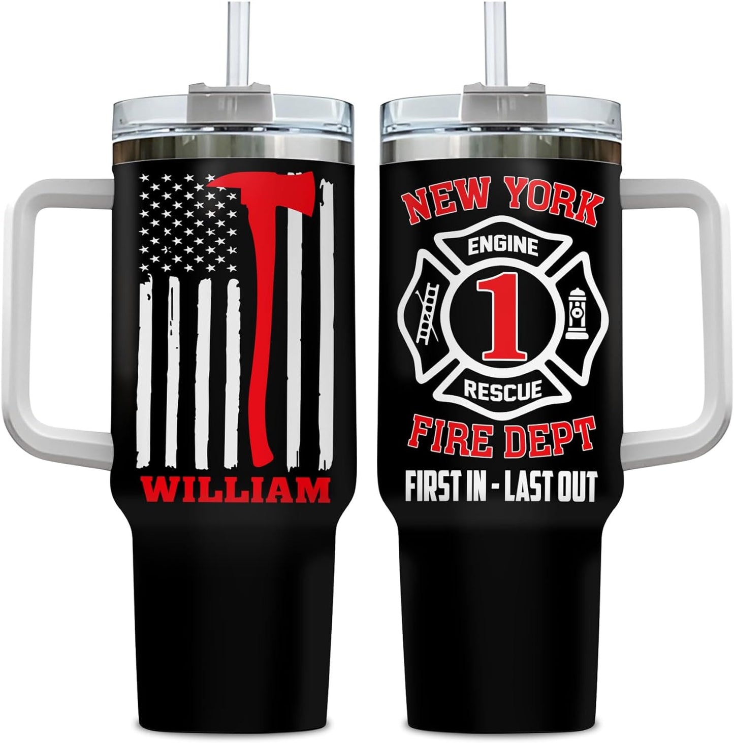 Firefighter Flag Tumbler 40oz with Handle & Straw – Personalized Stainless Steel Insulated Travel Cup with Lid – Meaningful Gift for Firemen & Heroes