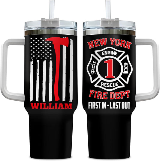 Firefighter Flag Tumbler 40oz with Handle & Straw – Personalized Stainless Steel Insulated Travel Cup with Lid – Meaningful Gift for Firemen & Heroes