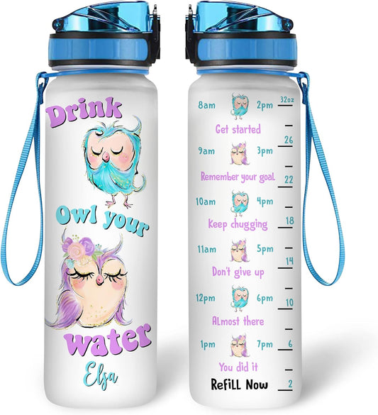 Owl Lovers Water Bottle Tracker 32oz – Personalized Hydration Bottle with Time Marker – Fun Gift for Animal Lovers