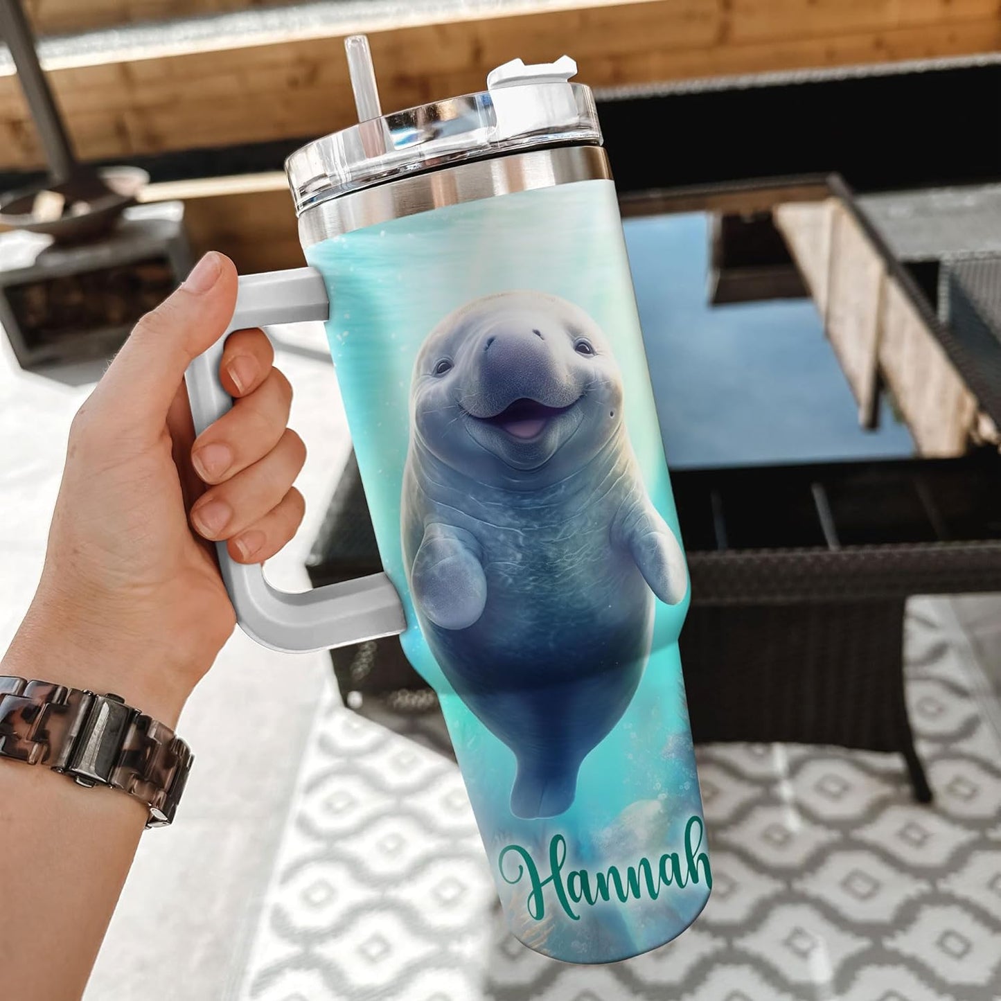Manatee Lover Tumbler 40oz – Personalized Stainless Steel Insulated Travel Cup with Handle & Straw, Leak-Proof Lid – Unique Sea Animal Gift for Ocean Lovers
