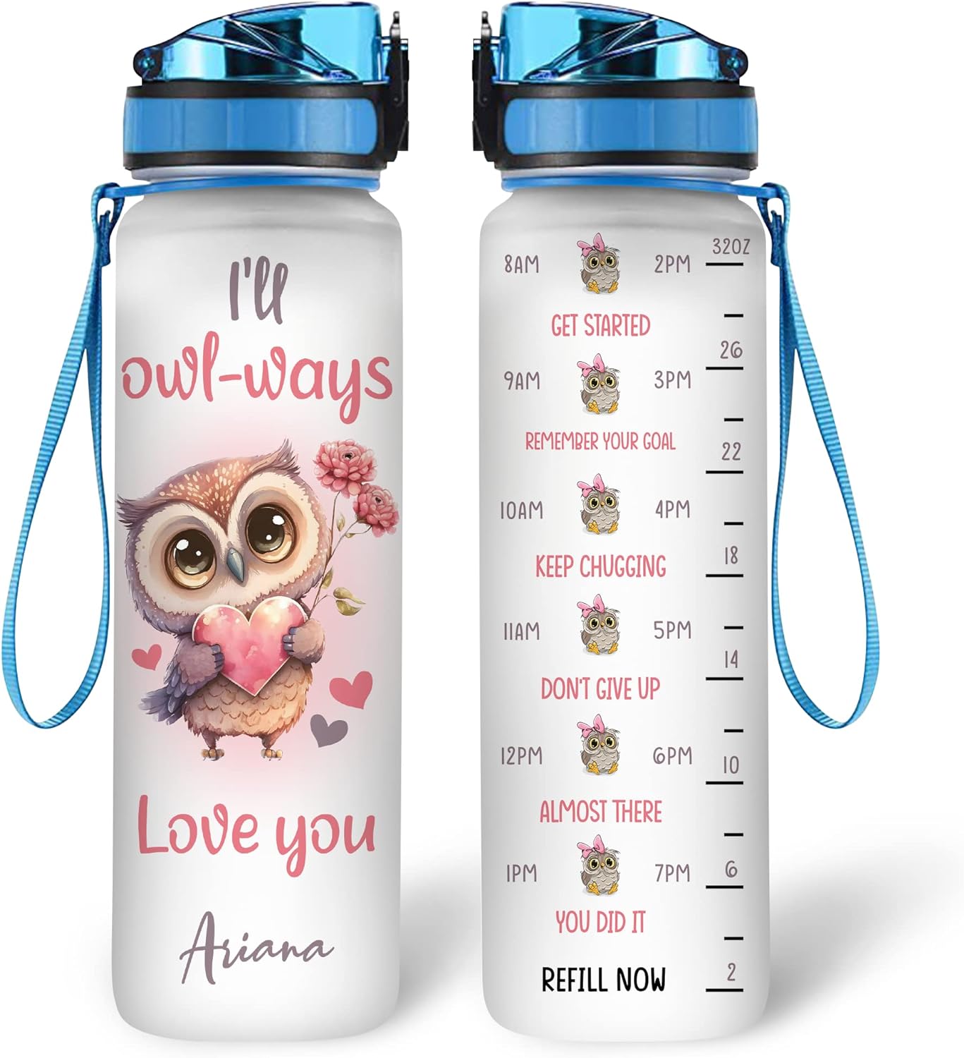 Cute Owl Love Water Bottle Tracker 32oz – Personalized Motivational Water Bottle with Time Marker – Adorable Gift for Owl Lovers