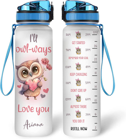 Cute Owl Love Water Bottle Tracker 32oz – Personalized Motivational Water Bottle with Time Marker – Adorable Gift for Owl Lovers