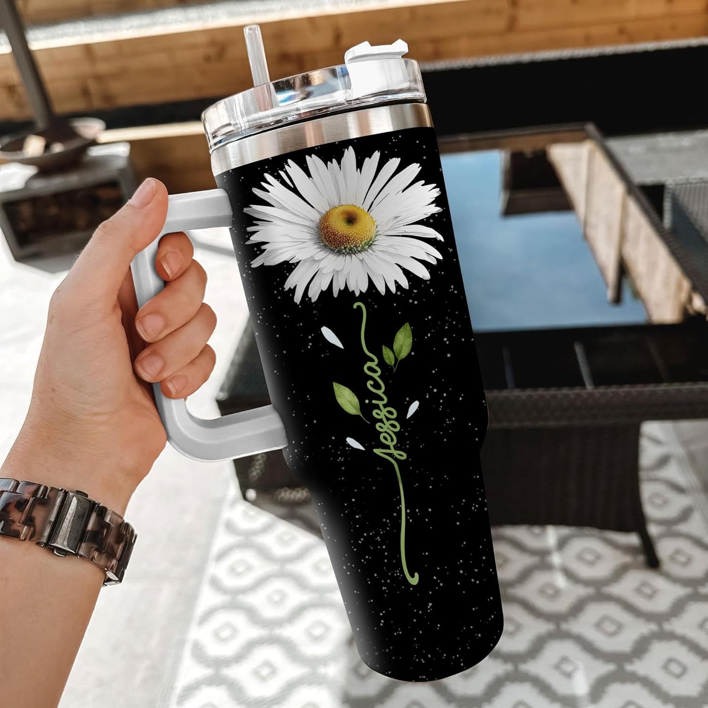 Daisy Flower Tumbler 40oz with Handle & Straw – Personalized Stainless Steel Insulated Travel Cup with Lid – Stylish Floral Gift for Women